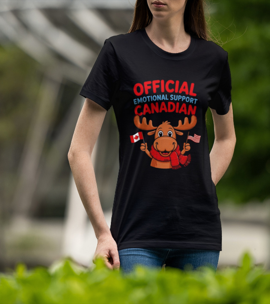 Official Emotional Support Canadian Moose With Canadian And American Flags T-Shirt
