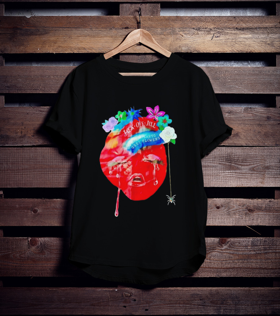 Jack Off Jill Clear Hearts Grey Flowers Crying Face With Colorful Floral Accents T-Shirt
