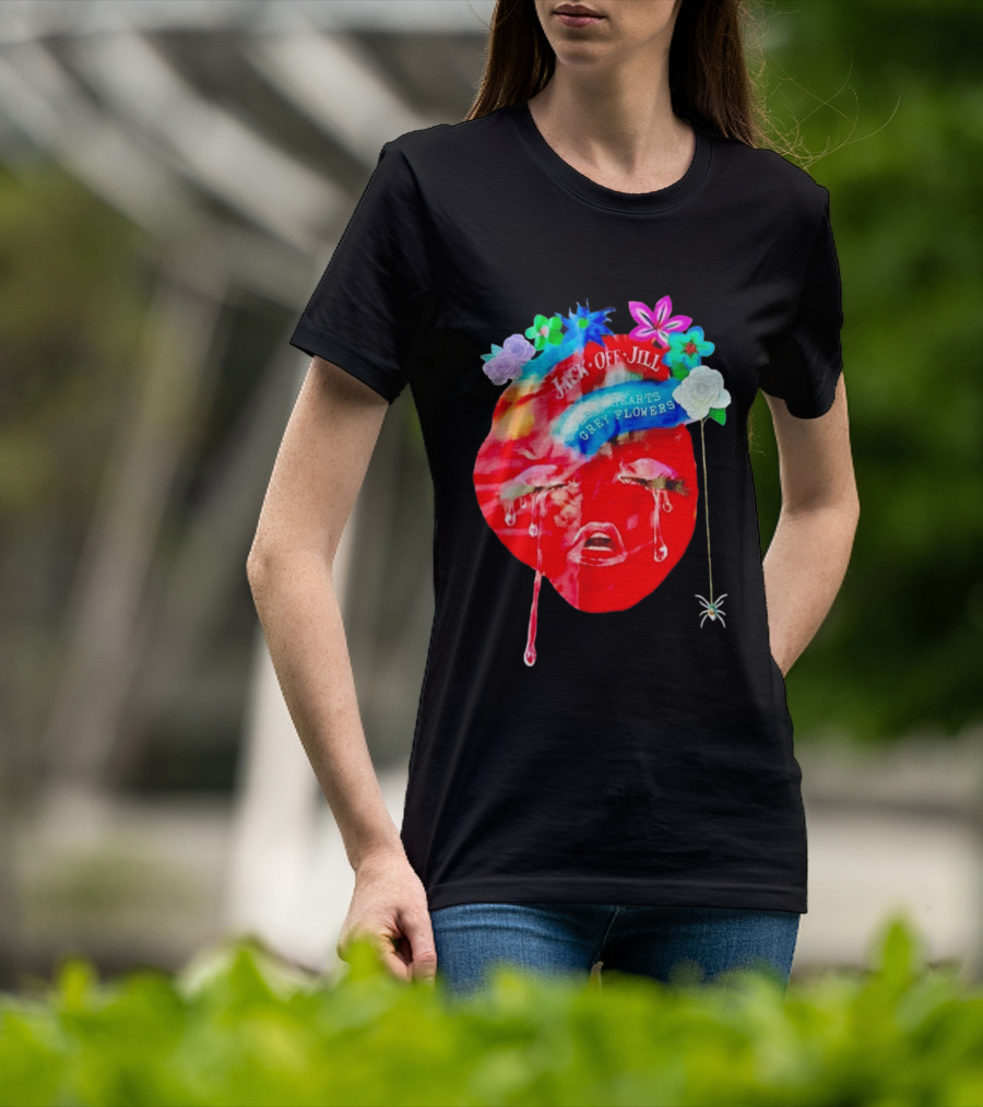 Jack Off Jill Clear Hearts Grey Flowers Crying Face With Colorful Floral Accents T-Shirt