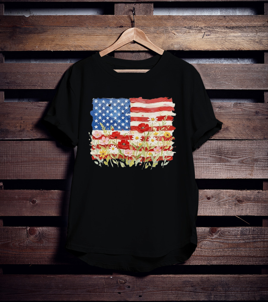Floral American Flag With Impasto Texture And Flowers T-Shirt