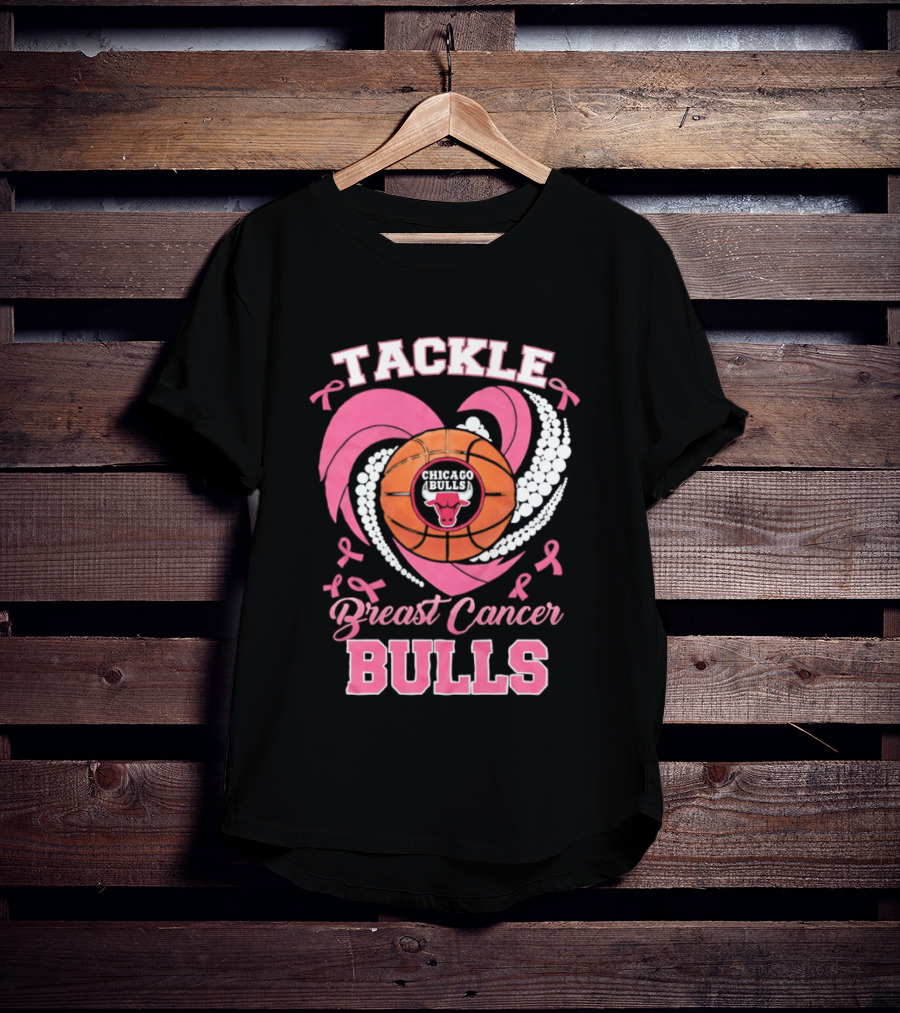 Tackle Breast Cancer Bulls Heart Pink Ribbons T-Shirt