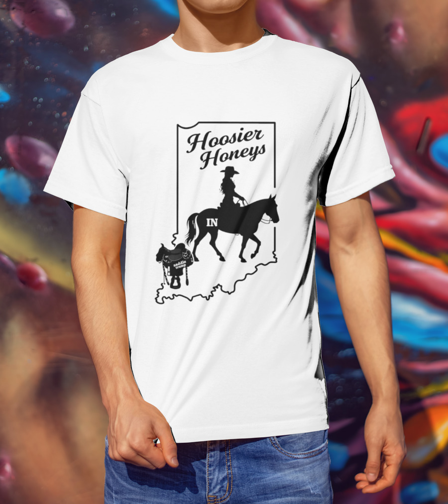 Hoosier Honeys Saddle Tramp Indiana State Map IN Horseback T-Shirt