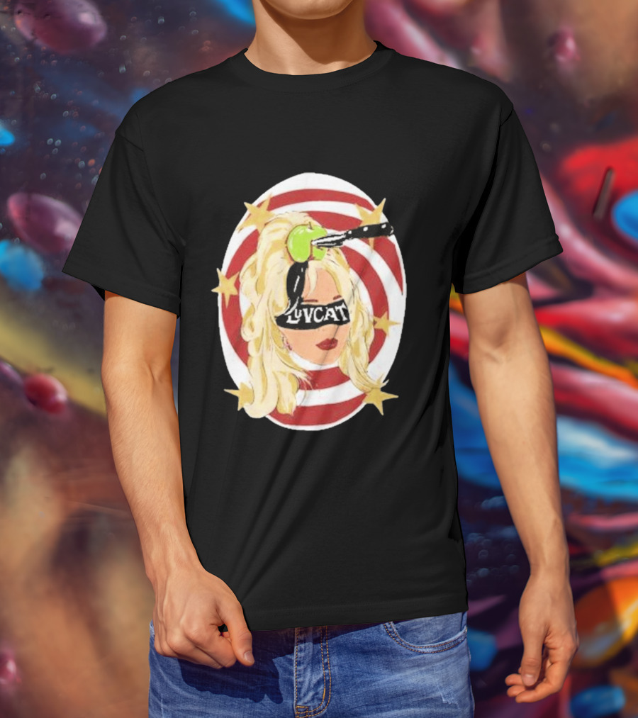 Luvcat Blonde Woman Bullseye Knife Apple Starburst T-Shirt
