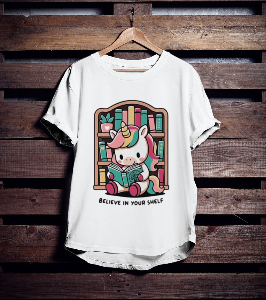 Unicorn Reading Believe In Your Shelf Bookshelf Magic T-Shirt