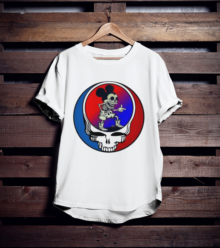 Mickey Mouse Skeleton With Grateful Dead Skull And Roses T-Shirt