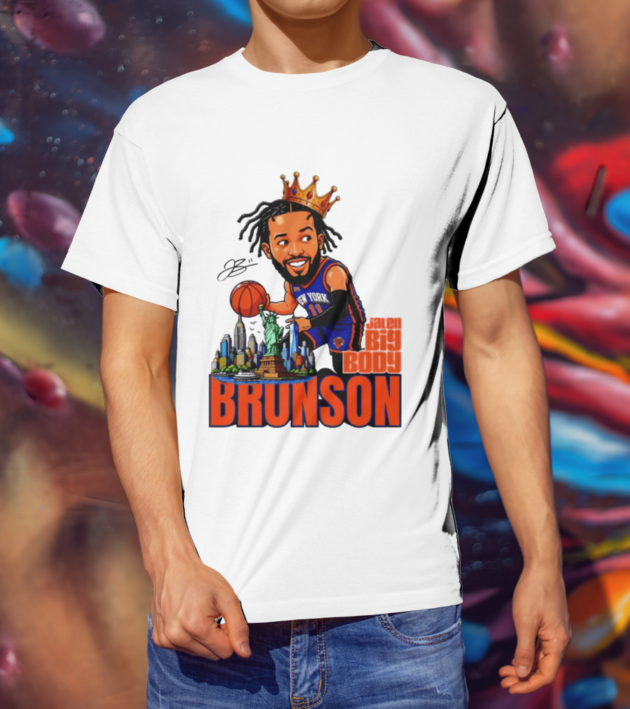 Jalen Brunson King Of NY Caricature With Statue Of Liberty And New York Skyline T-Shirt