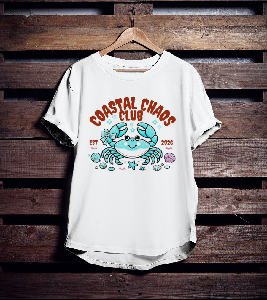 Coastal Chaos Club Est 2026 Smiling Crab Seashells Starfish Bow T-Shirt