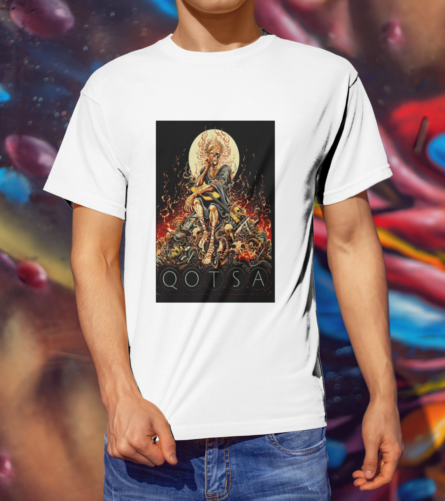 QOTSA April 8 2024 Calgary Communities Centre Flaming Skeleton Throne T-Shirt