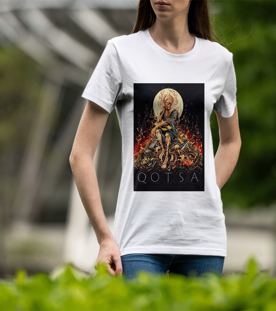 QOTSA April 8 2024 Calgary Communities Centre Flaming Skeleton Throne T-Shirt