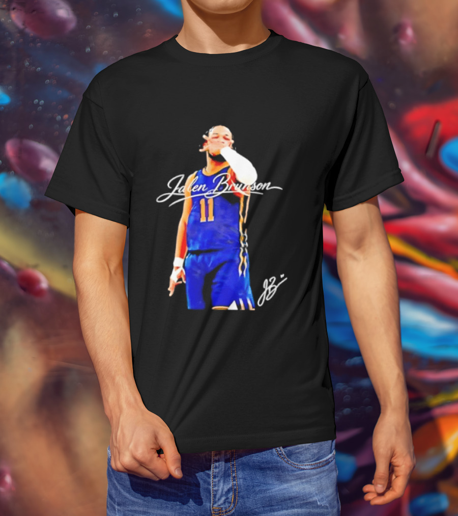Jalen Brunson 11 Signature Gesture Basketball Blue Uniform T-Shirt