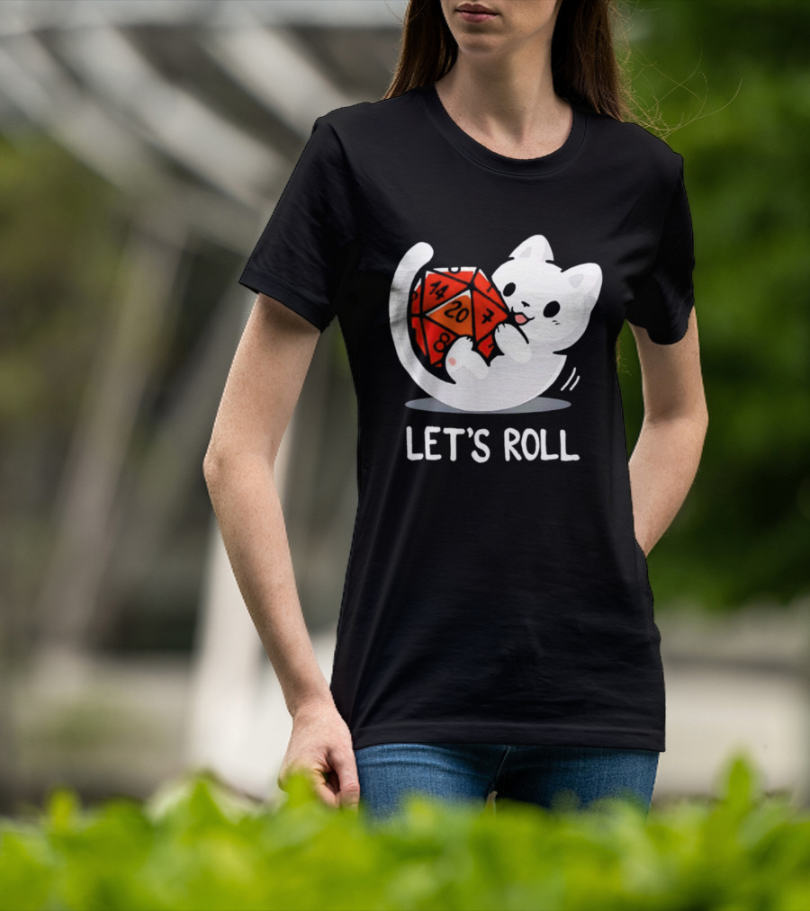 Let's Roll Cat Holding 20 Sided Die Dungeons And Dragons T-Shirt
