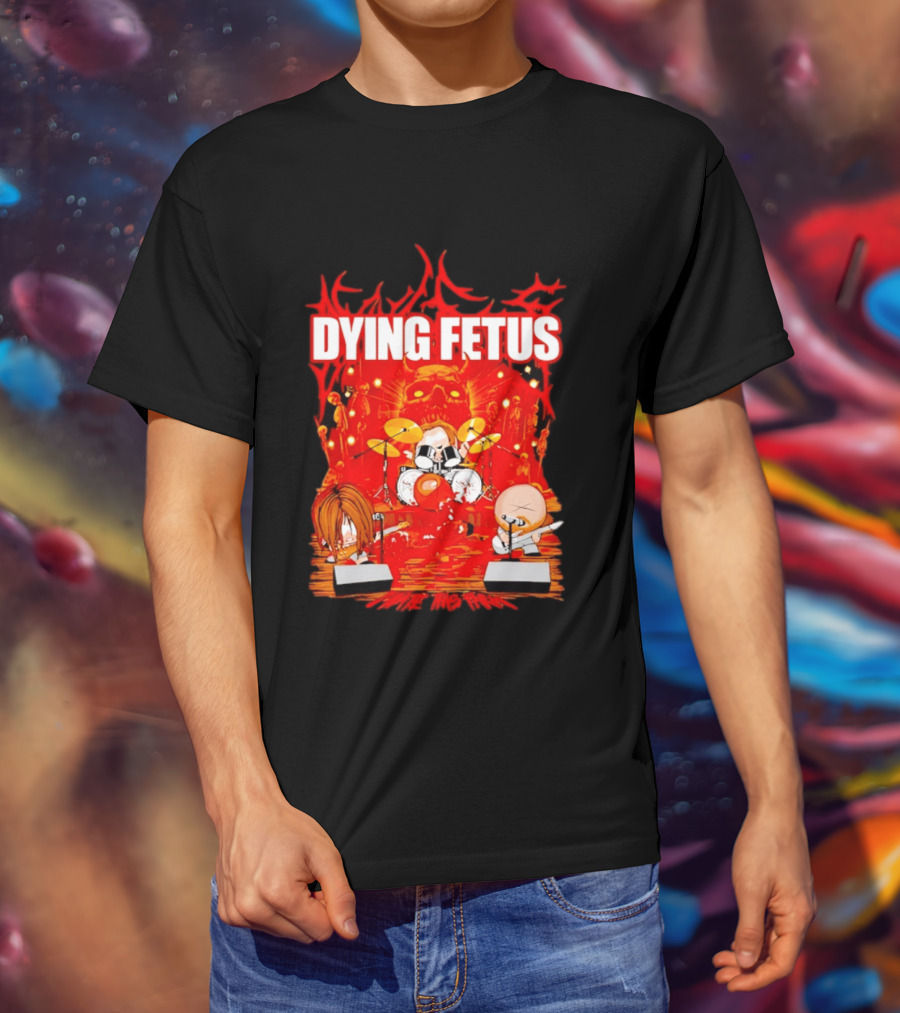 Dying Fetus Cartoon Band Rocking Out In Red Scene T-Shirt