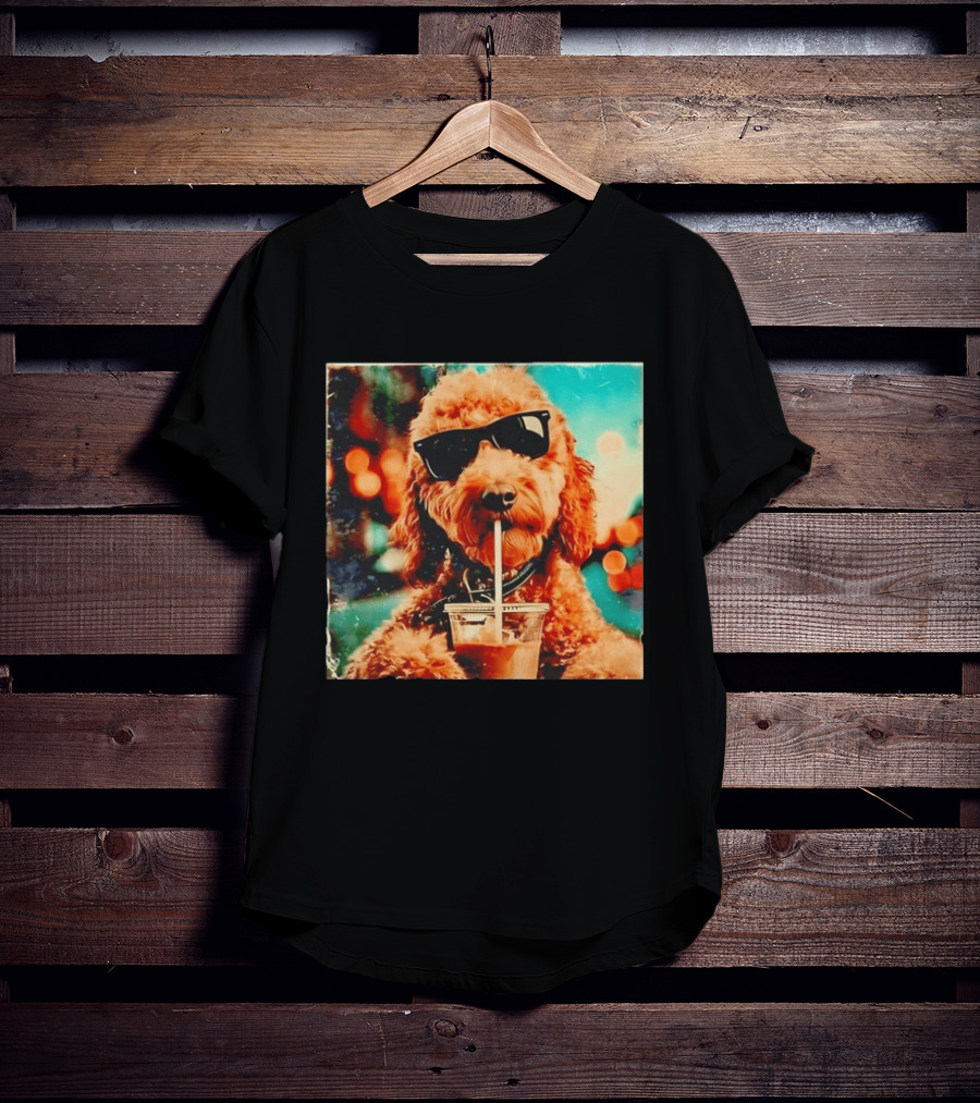 Goldendoodle With Sunglasses Enjoying Iced Coffee Retro Cool Vibes T-Shirt