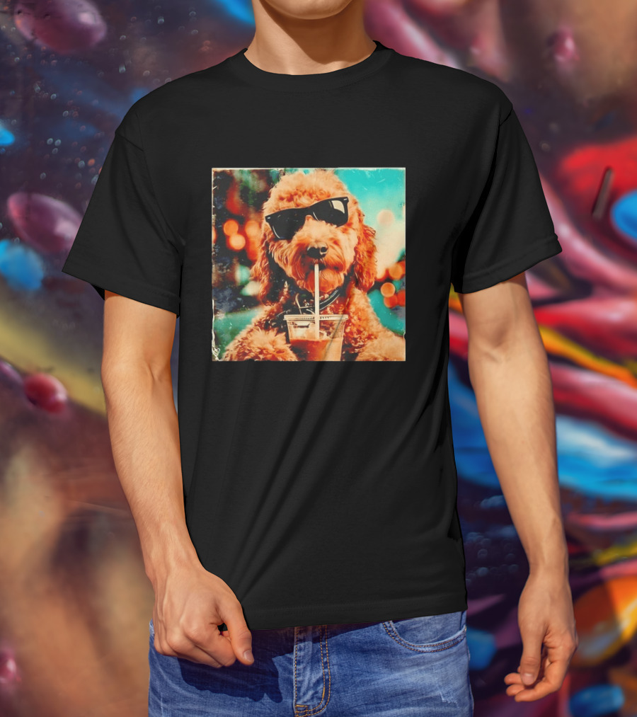 Goldendoodle With Sunglasses Enjoying Iced Coffee Retro Cool Vibes T-Shirt