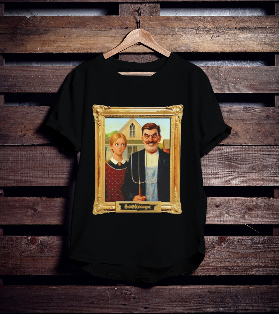 Hello Neighbor American Gothic Man Pitchfork Girl Painting Frame T-Shirt