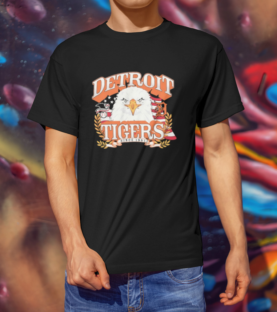 Detroit Tigers Eagle Emblem With American Flag And Stars T-Shirt