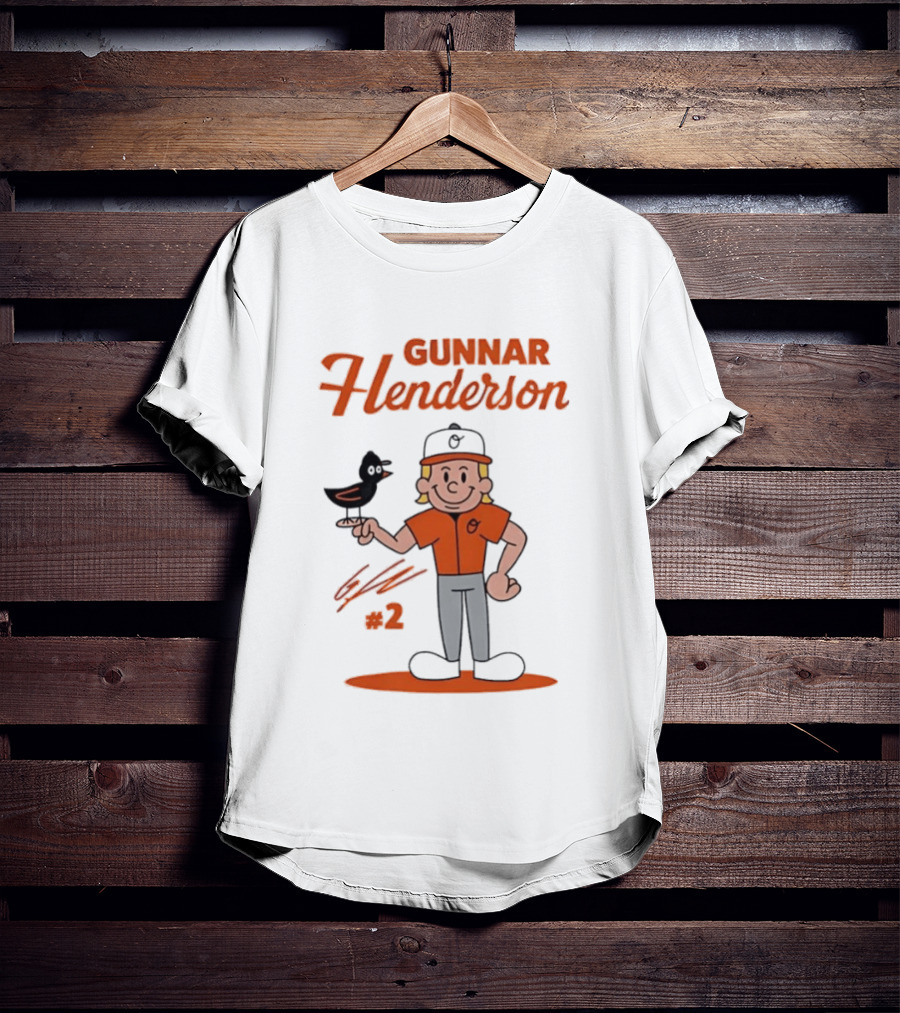 Gunnar Henderson Baltimore Orioles MLB Player Cartoon Character With Bird And Number 2 T-Shirt
