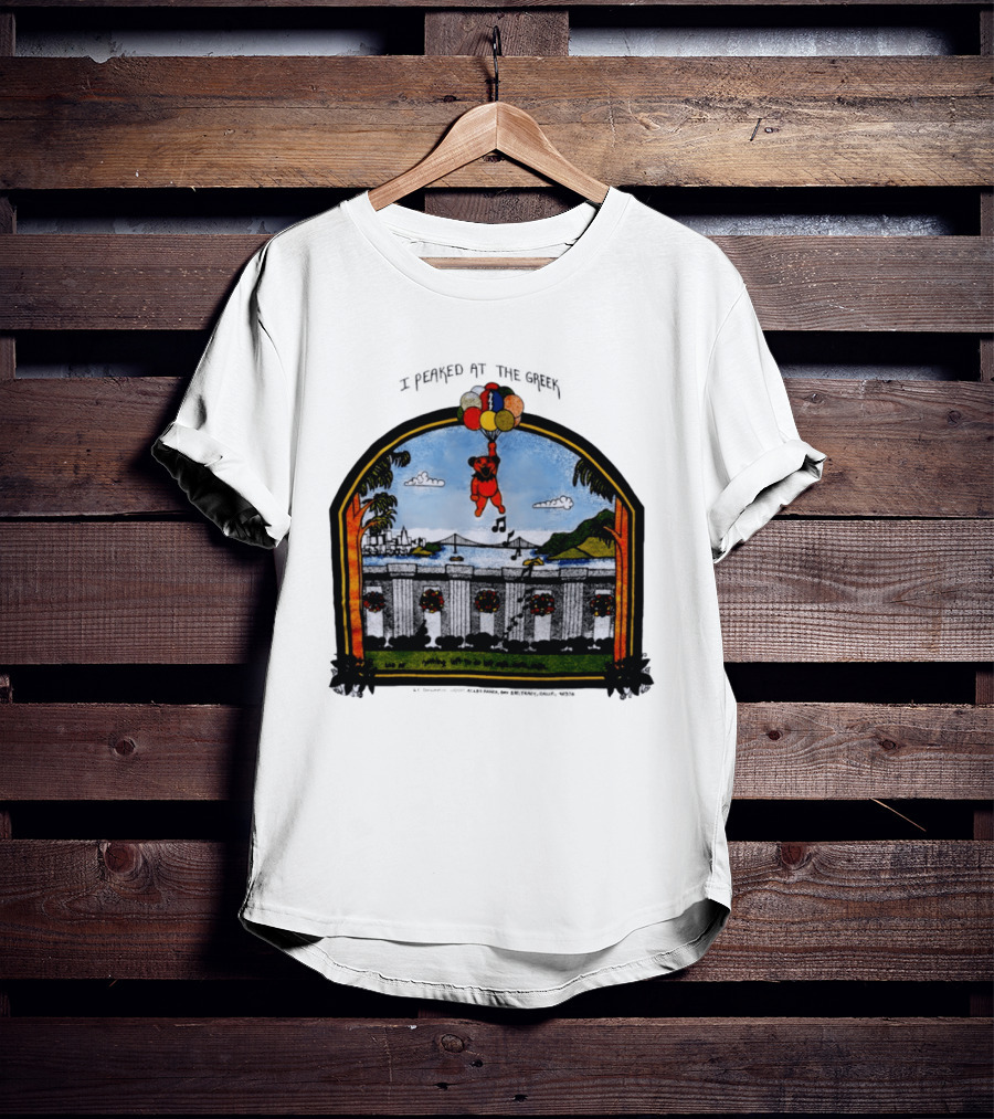 I Peaked At The Greek Grateful Dead 1985 Bear Balloons Musical Notes T-Shirt