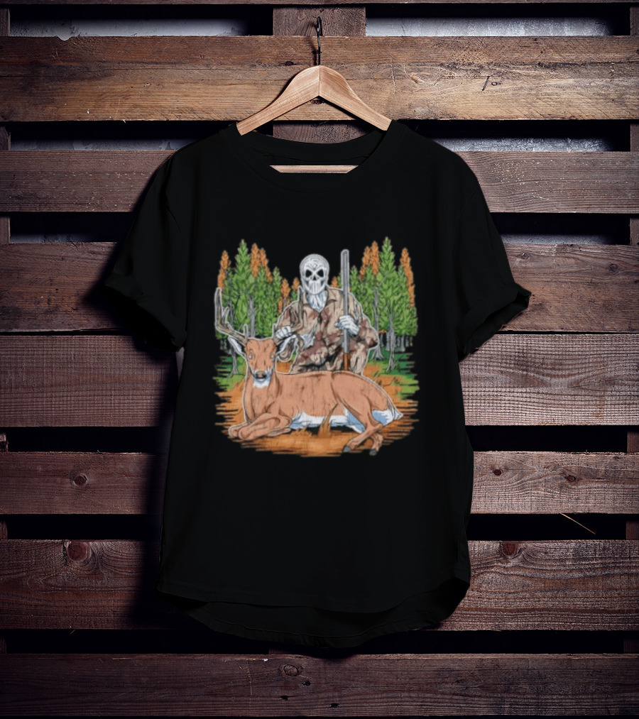 Skeleton Deer Hunting Skull Mask Camouflage Forest Scene T-Shirt