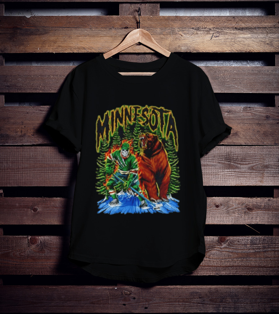 Minnesota Wild Hockey Skeleton Bear Forest Fire T-Shirt