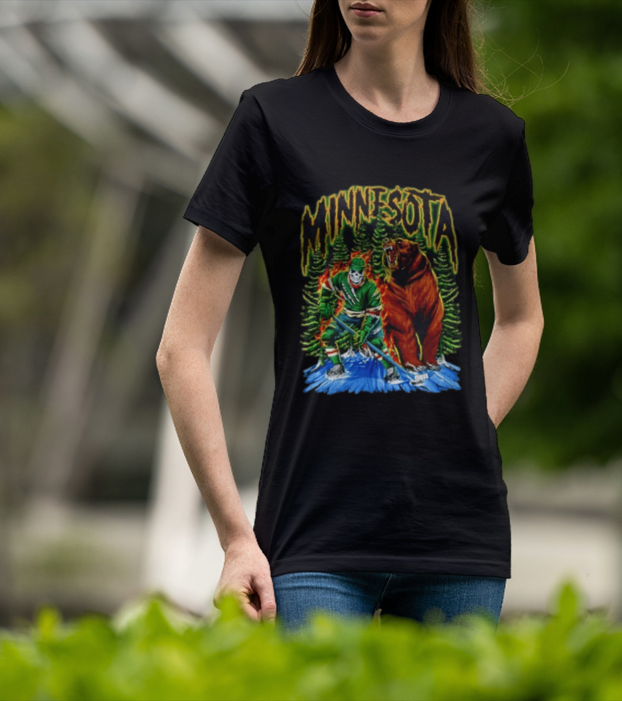 Minnesota Wild Hockey Skeleton Bear Forest Fire T-Shirt