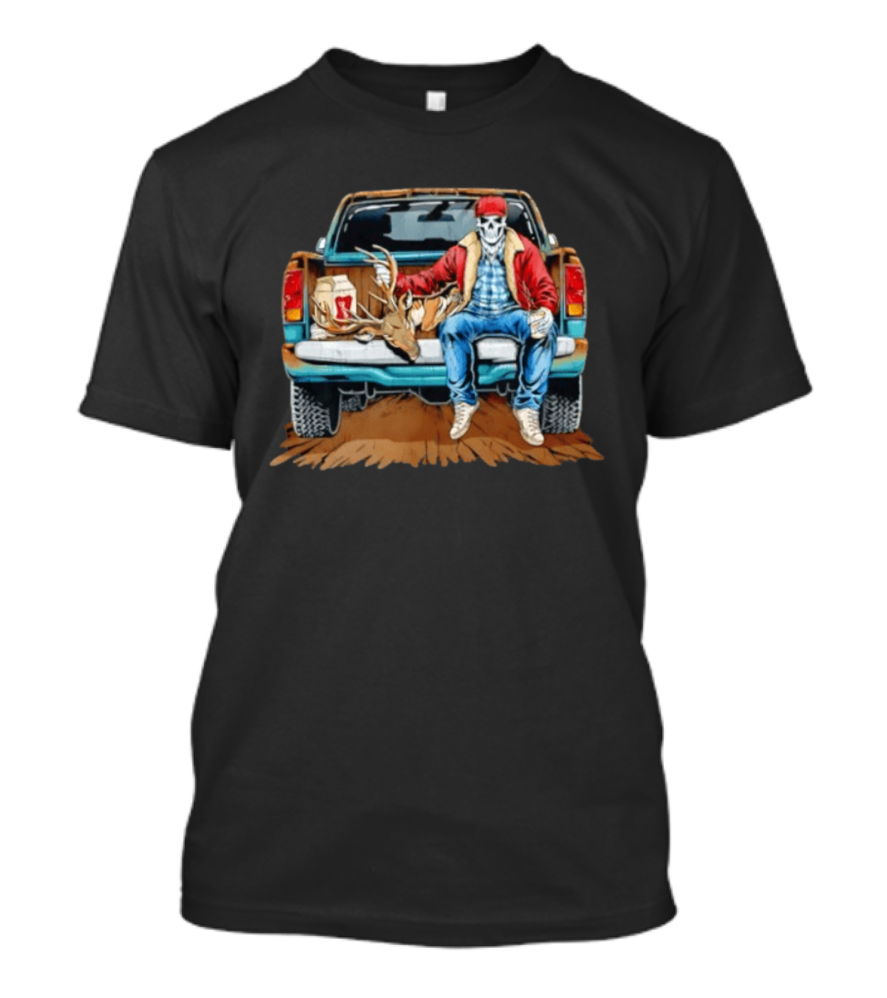 Skeleton Cowboy With Deer Antlers Truck Scene T-Shirt