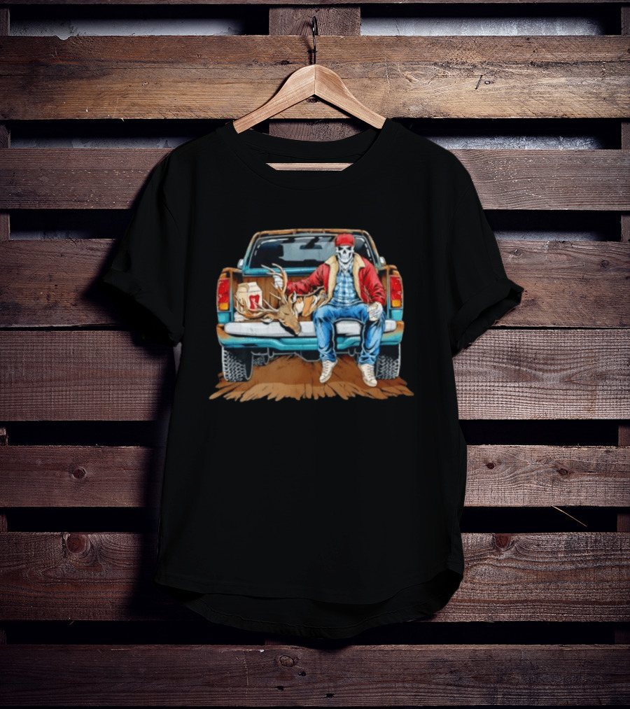 Skeleton Cowboy With Deer Antlers Truck Scene T-Shirt