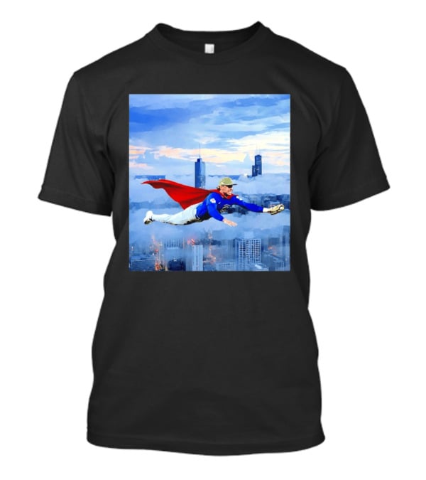 Superman Nico Hoerner Chicago Cubs Second Baseman Flying Over City Skyline T-Shirt