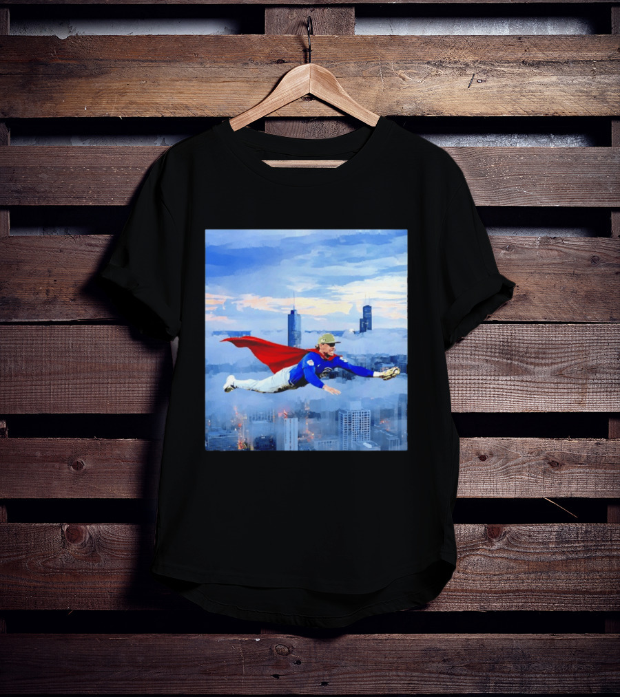 Superman Nico Hoerner Chicago Cubs Second Baseman Flying Over City Skyline T-Shirt