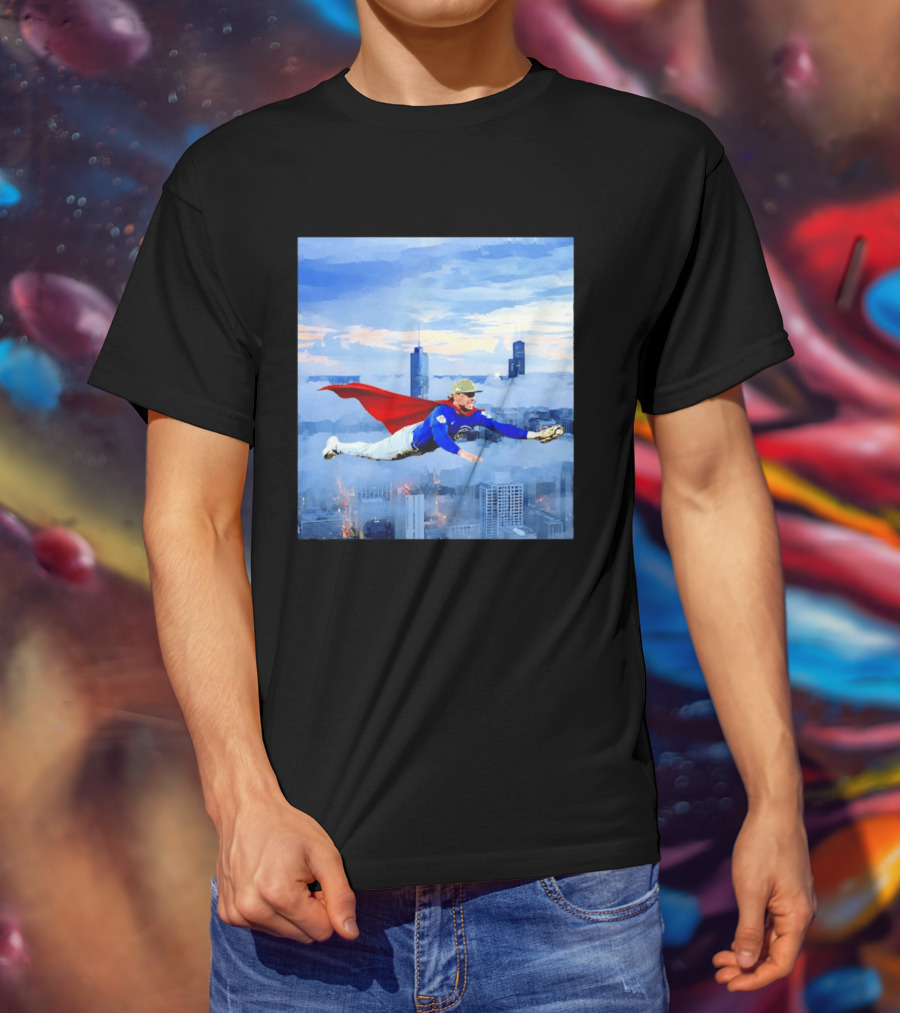 Superman Nico Hoerner Chicago Cubs Second Baseman Flying Over City Skyline T-Shirt