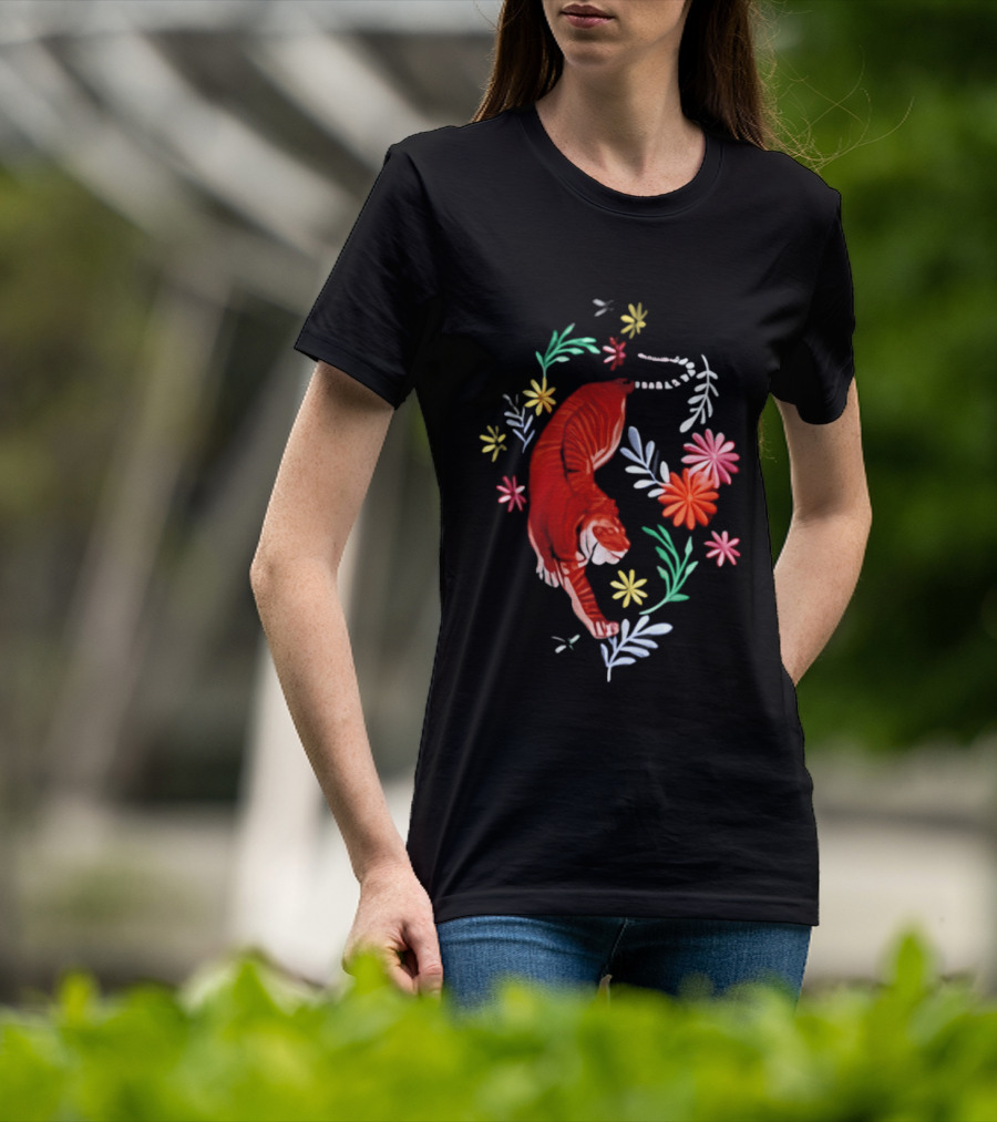 Todd Herzog Bengal Tiger Floral Motif With Vibrant Blooming Flowers T-Shirt