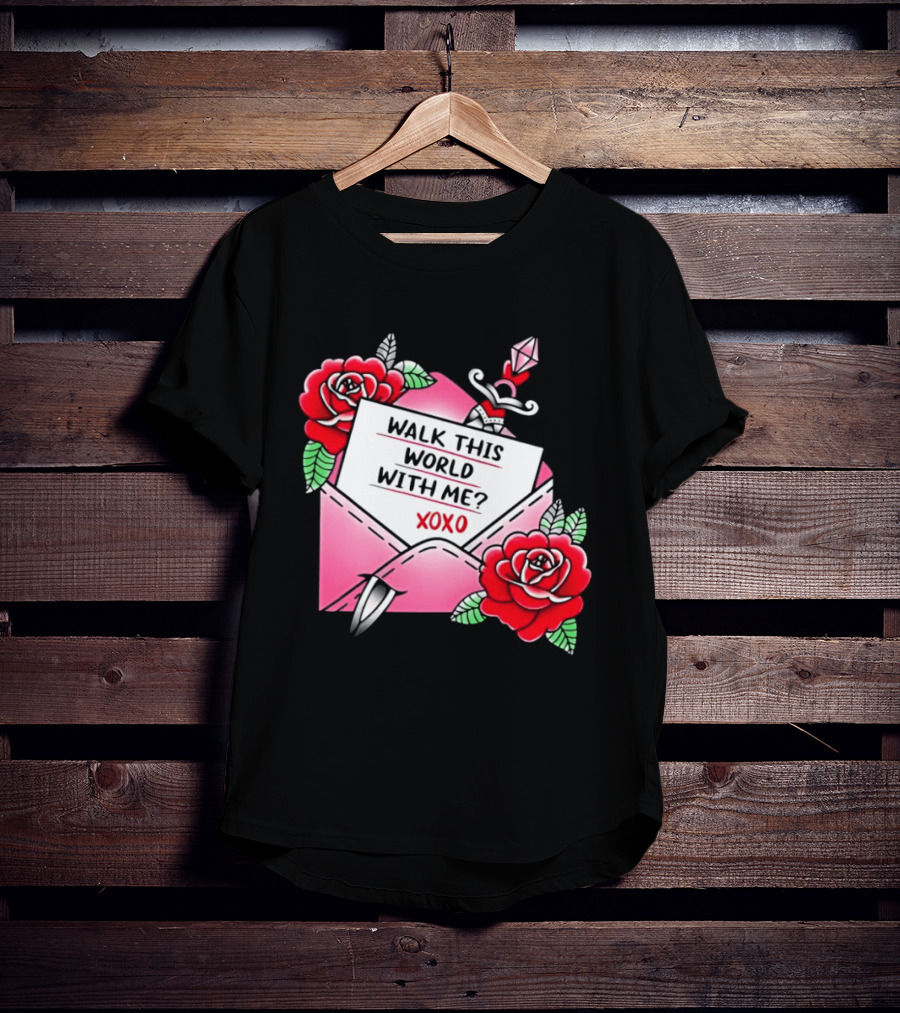 Walk This World With Me XOXO Romantic Tattoo Roses And Letter Envelope T-Shirt
