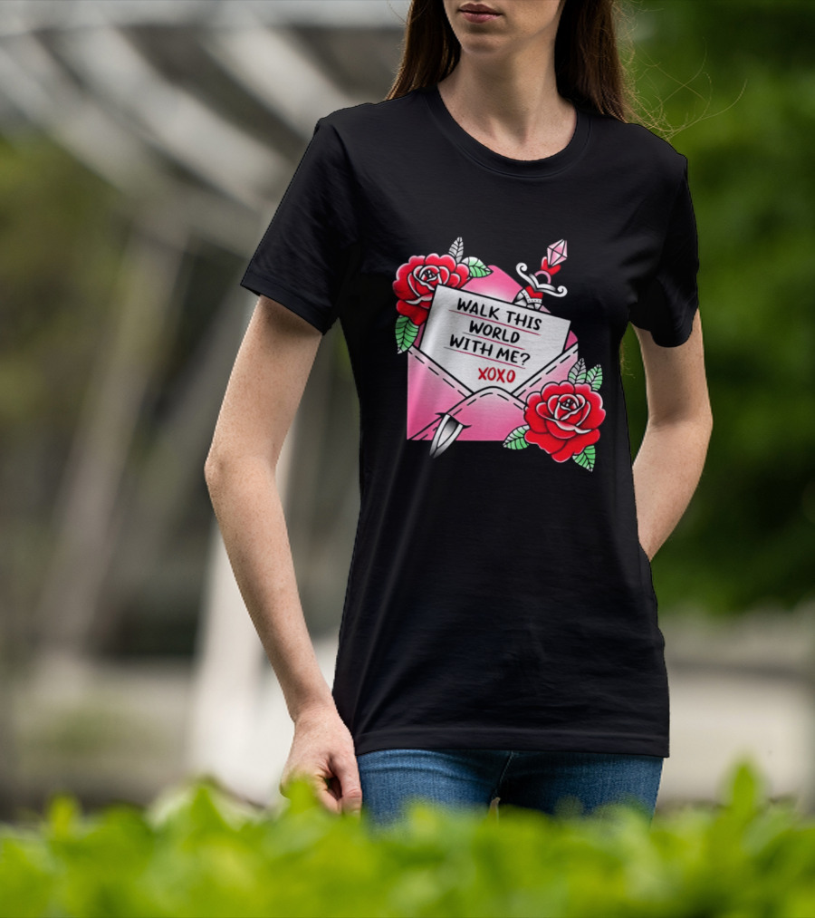 Walk This World With Me XOXO Romantic Tattoo Roses And Letter Envelope T-Shirt