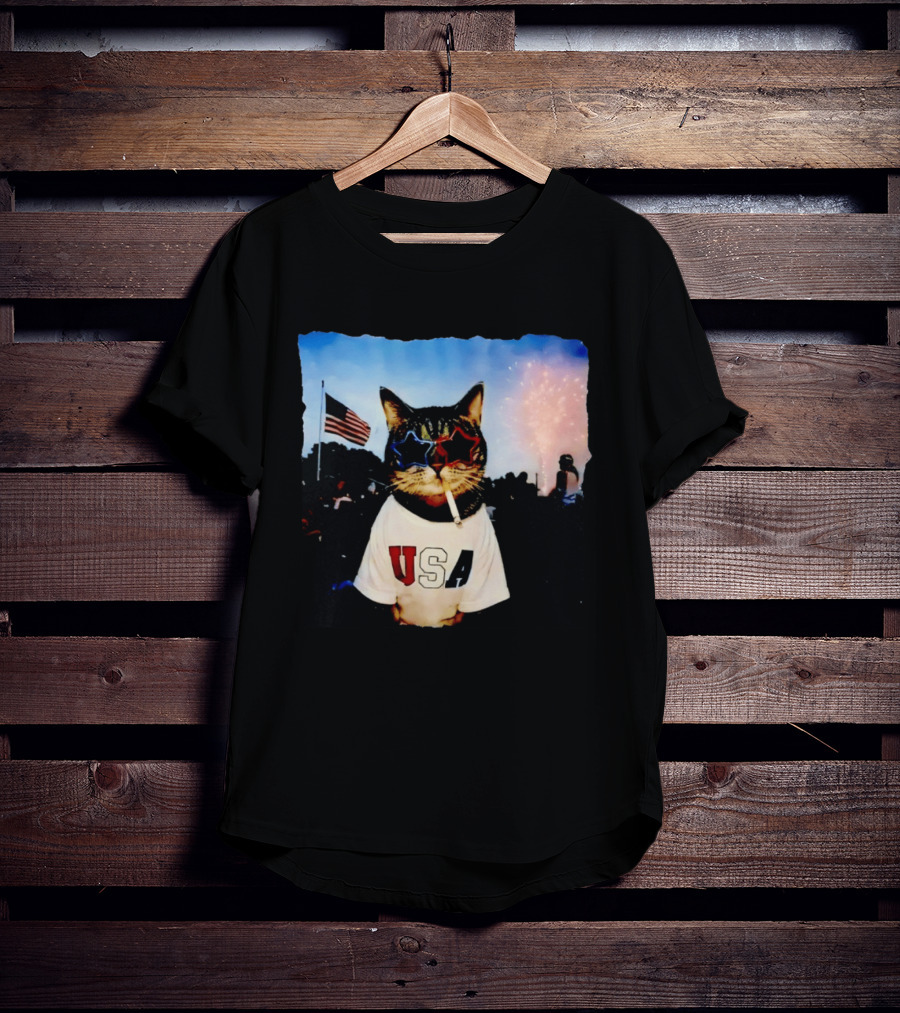 USA Cat With American Flag Sunglasses Smoking Fireworks T-Shirt