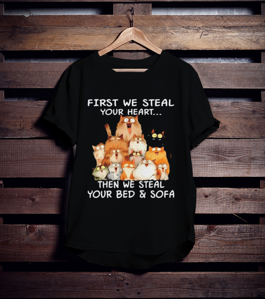 First We Steal Your Heart Then We Steal Your Bed And Sofa Cats Stack T-Shirt