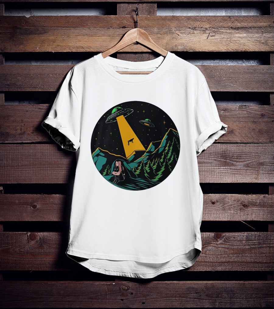 UFOs Aliens Abduction Night Sky Mountains Forest Trees Stars Beam T-Shirt