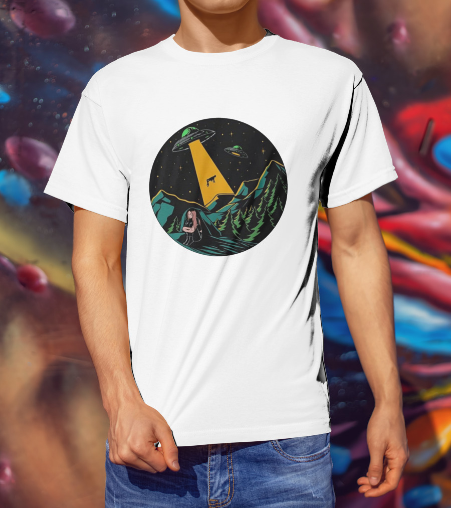 UFOs Aliens Abduction Night Sky Mountains Forest Trees Stars Beam T-Shirt