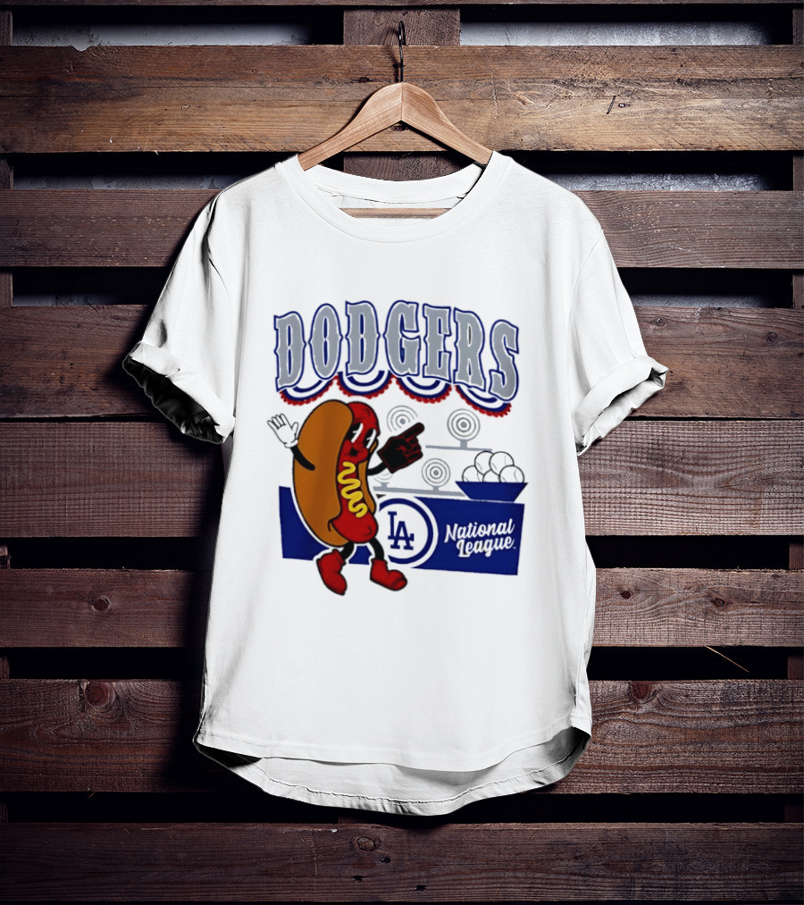 Cartoon Hot Dog Dodgers LA National League Baseball T-Shirt