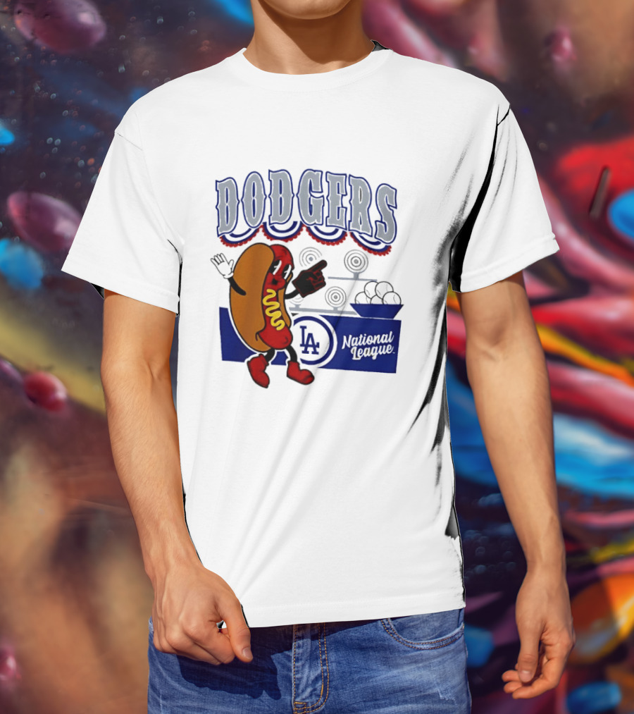 Cartoon Hot Dog Dodgers LA National League Baseball T-Shirt