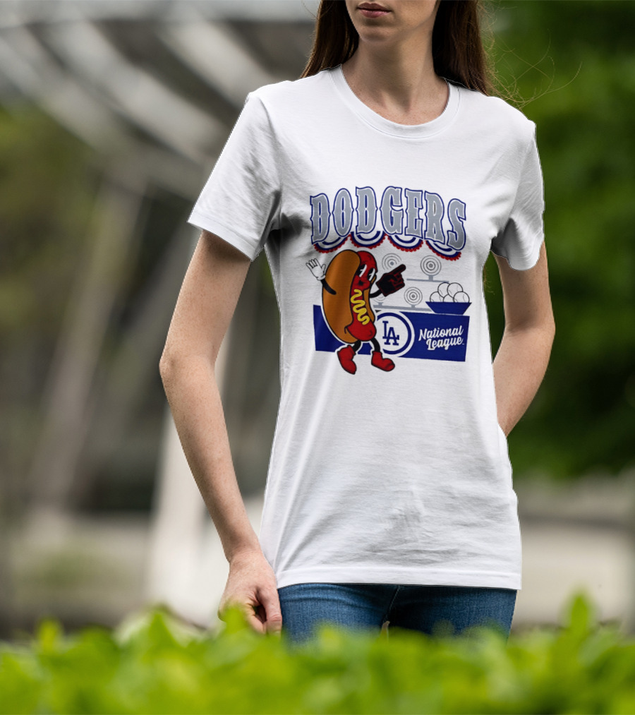 Cartoon Hot Dog Dodgers LA National League Baseball T-Shirt