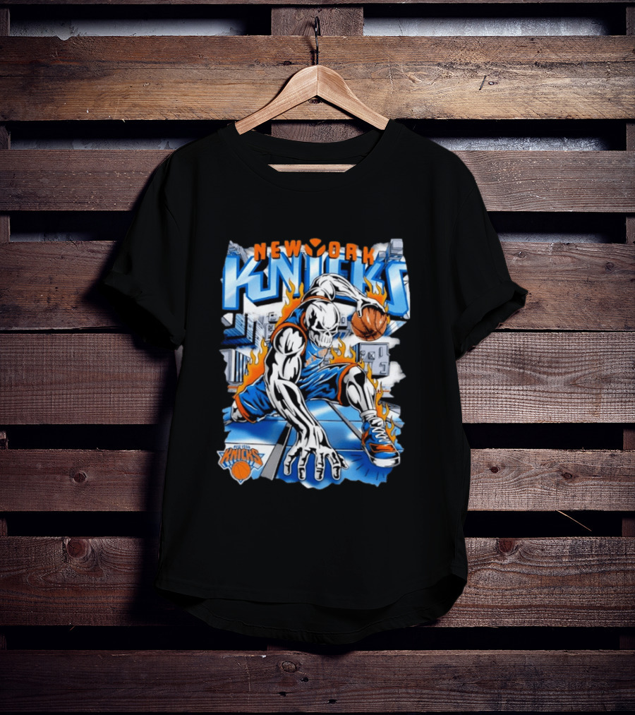 New York Knicks Basketball Urban Street Art Comic Style Flame Warrior T-Shirt