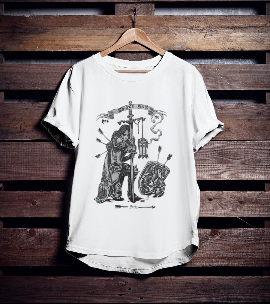 Knight Sword Shield Arrows Lantern Helmet Furia Do You Yield Yes No T-Shirt