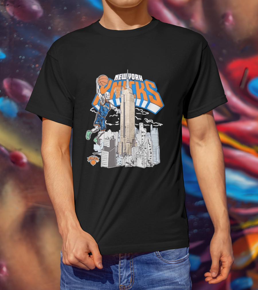 New York Knicks Skeleton Basketball Player Empire State Building Slam Dunk NBA T-Shirt