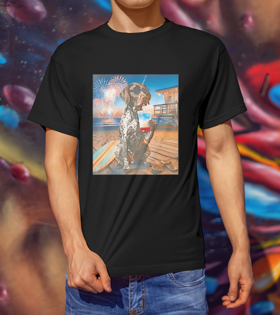 German Shorthaired Pointer Fourth Of July Fireworks Beach Party Surfboard Scene T-Shirt