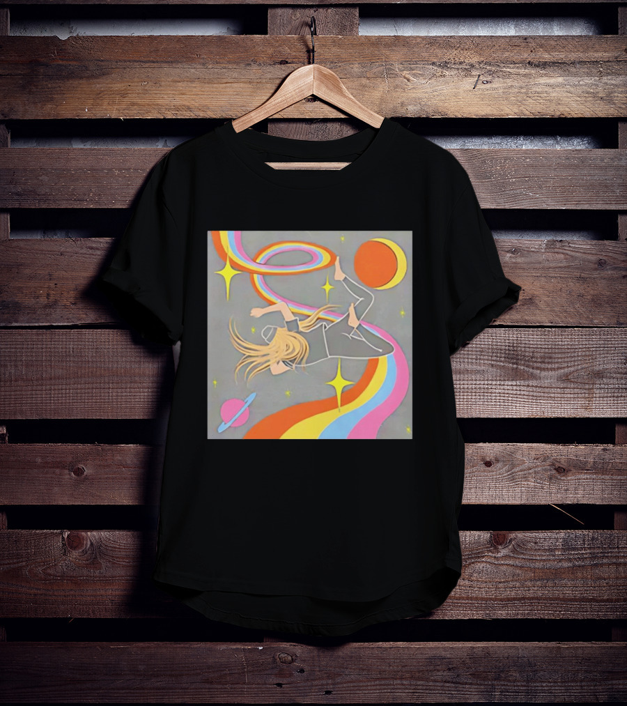 Rainbow Swirl Stars Crescent Moon Planet Orbit Cosmos Night Galaxy T-Shirt