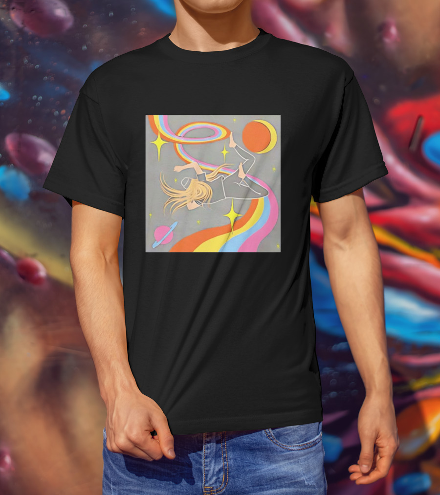 Rainbow Swirl Stars Crescent Moon Planet Orbit Cosmos Night Galaxy T-Shirt