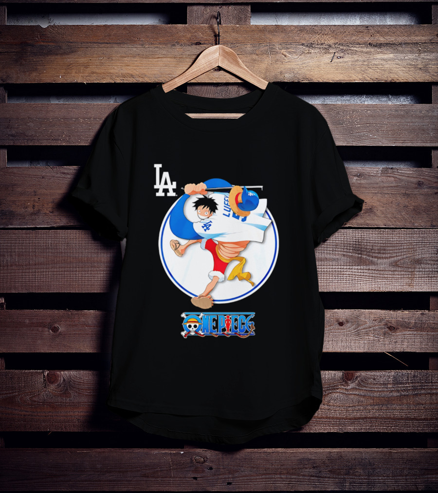 Los Angeles Dodgers Luffy OnePiece Collaboration With LA Logo And One Piece Branding T-Shirt