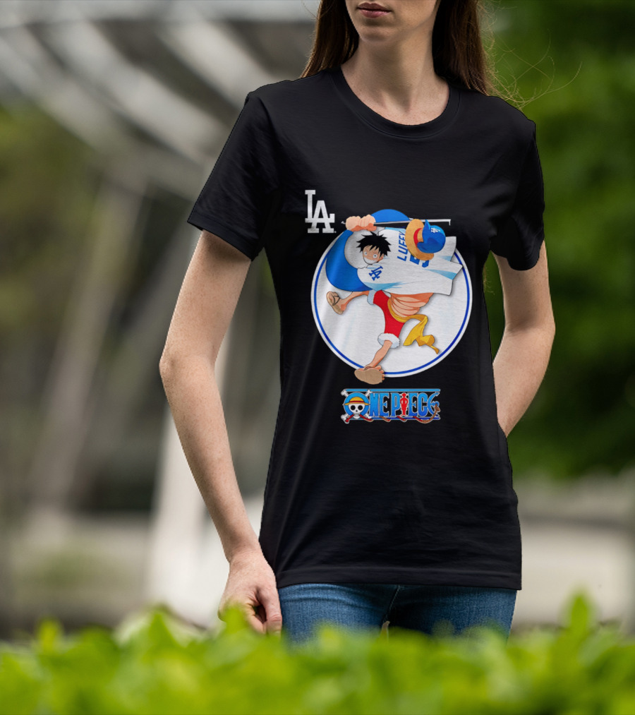 Los Angeles Dodgers Luffy OnePiece Collaboration With LA Logo And One Piece Branding T-Shirt