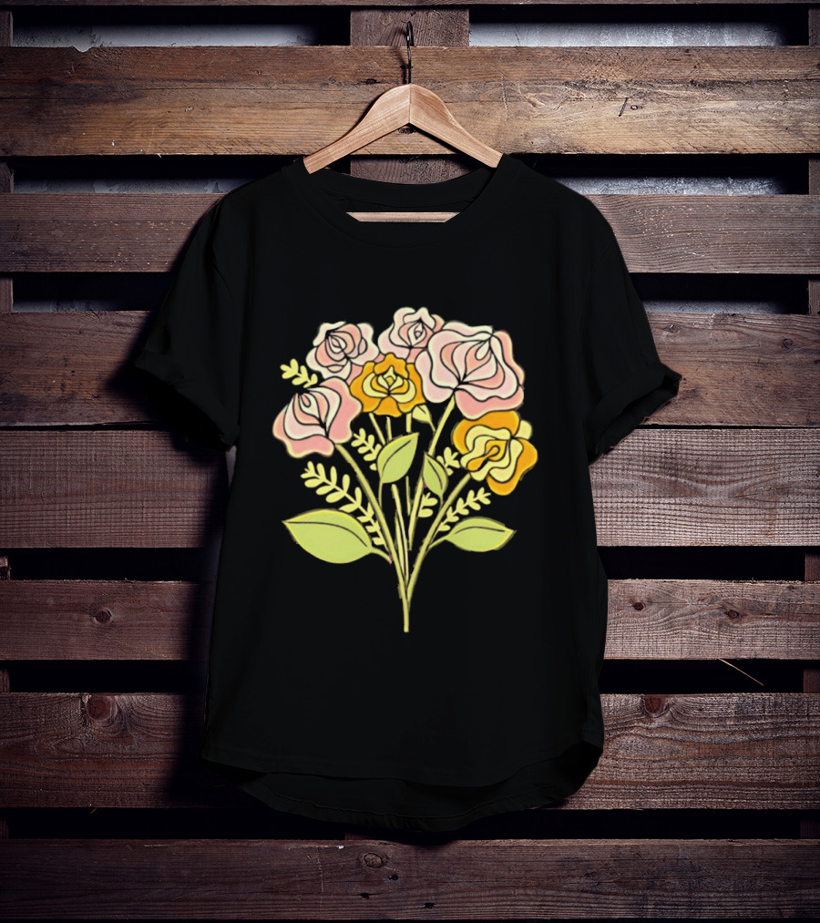 Pink Roses Yellow Roses Leaves Stems Bloom Blossom Petal Flower Plant T-Shirt
