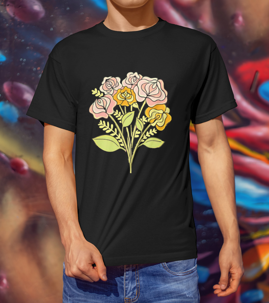 Pink Roses Yellow Roses Leaves Stems Bloom Blossom Petal Flower Plant T-Shirt